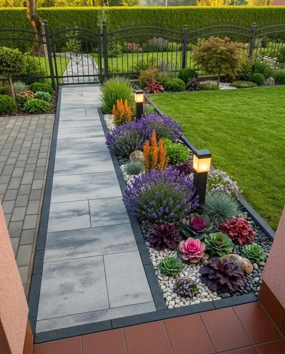 Landscaped paved walkway with planted borders